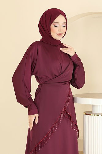 moda selvim Şık Bluzlu Saten Takım 6274BSK463 Bordo - Thumbnail