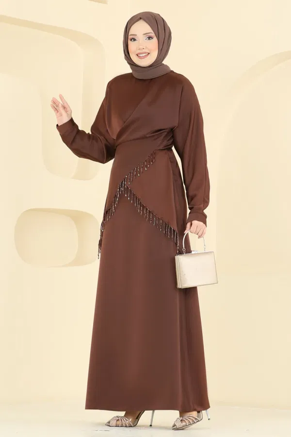 Modaselvim Kombin Şık Bluzlu Saten Takım 6274BSK463 Kahve