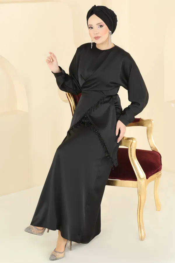 Modaselvim Kombin Şık Bluzlu Saten Takım 6274BSK463 Siyah