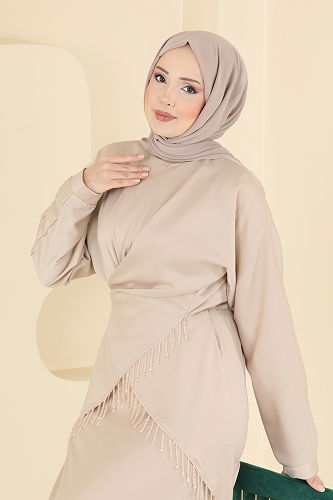 moda selvim Şık Bluzlu Saten Takım 6274BSK463 Taş - Thumbnail