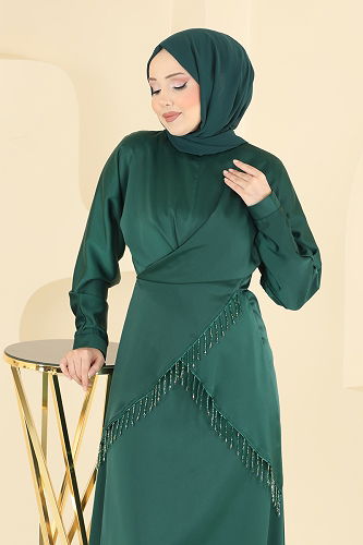 moda selvim Şık Bluzlu Saten Takım 6274BSK463 Zümrüt - Thumbnail