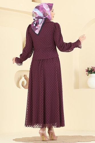 moda selvim Şık Düğmeli 2 li Takım 8299AB368 Mürdüm - Thumbnail