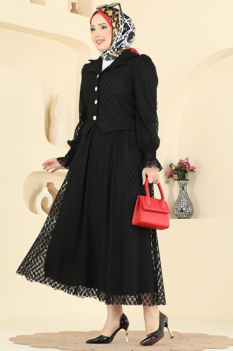 moda selvim Şık Düğmeli 2 li Takım 8299AB368 Siyah - Thumbnail