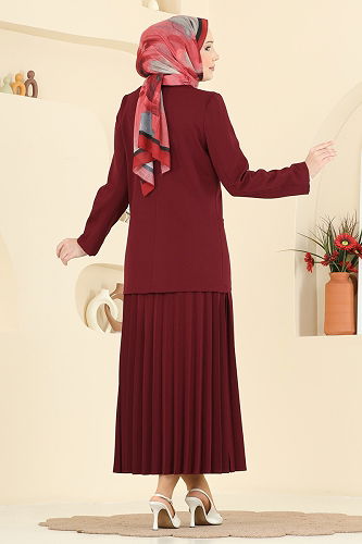 moda selvim Şık Düğmeli 2 li Takım 880ART1138 Bordo - Thumbnail