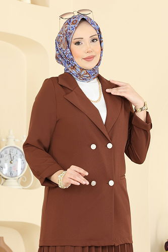 moda selvim Şık Düğmeli 2 li Takım 880ART1138 Kahve - Thumbnail