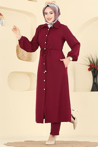 moda selvim Şık Düğmeli Dabıl Takım 2773SL432 Bordo - Thumbnail