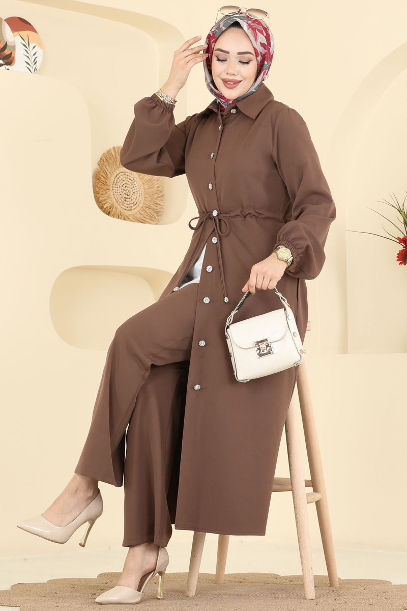 Şık Düğmeli Dabıl Takım 2773SL432 Kahve