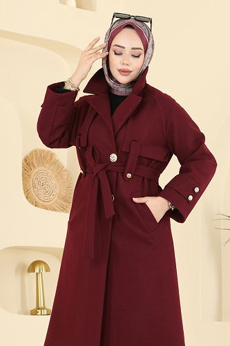 moda selvim Şık Düğmeli Kaşe Kaban 6264BSK463 Bordo - Thumbnail