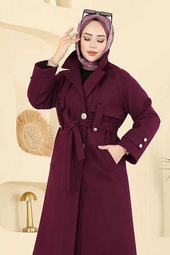 moda selvim Şık Düğmeli Kaşe Kaban 6264BSK463 Mürdüm - Thumbnail