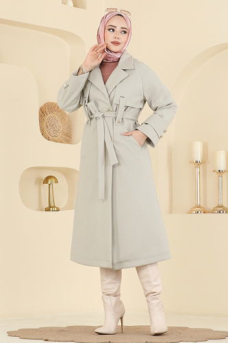 moda selvim Şık Düğmeli Kaşe Kaban 6264BSK463 Taş - Thumbnail