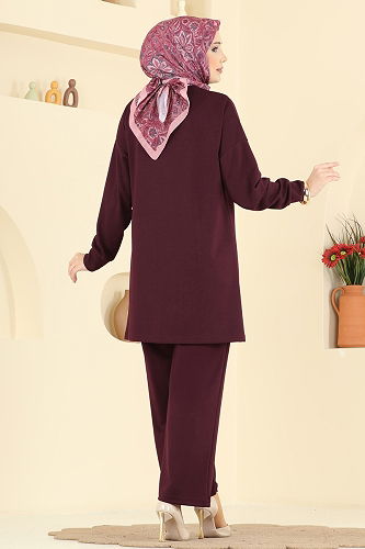moda selvim Şık Düğmeli Modal Takım 2787AYD574 Bordo - Thumbnail