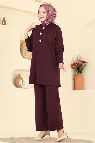 moda selvim Şık Düğmeli Modal Takım 2787AYD574 Bordo - Thumbnail
