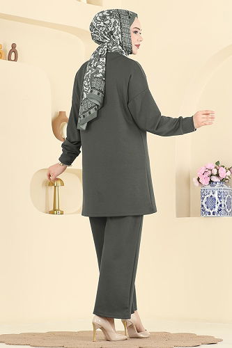 moda selvim Şık Düğmeli Modal Takım 2787AYD574 Haki - Thumbnail