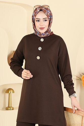 moda selvim Şık Düğmeli Modal Takım 2787AYD574 Kahve - Thumbnail