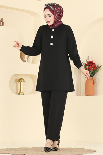 moda selvim Şık Düğmeli Modal Takım 2787AYD574 Siyah - Thumbnail