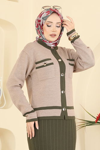 moda selvim Şık Hırkalı Triko Takım 1355MT581 Haki&Vizyon - Thumbnail