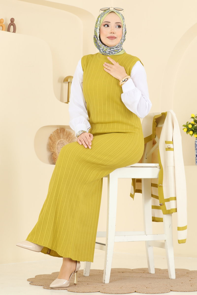 Şık Hırkalı Triko Takım 1355MT581 Yağ Yeşili&Ekru