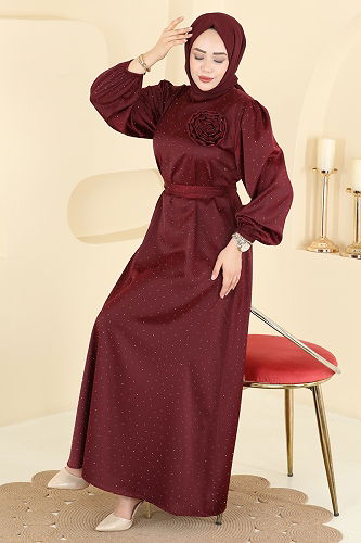 moda selvim Şık Kemerli Saten Abiye 6138ORG1169 Bordo - Thumbnail