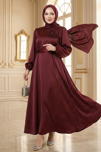 moda selvim Şık Kemerli Saten Abiye 6138ORG1169 Bordo - Thumbnail