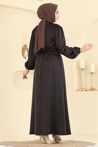 moda selvim Şık Kemerli Saten Abiye 6138ORG1169 Kahve - Thumbnail