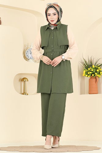 moda selvim Şık Kuşaklı 3 lü Aerobin Takım 3254HBS856 Haki - Thumbnail