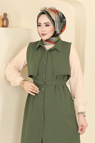 moda selvim Şık Kuşaklı 3 lü Aerobin Takım 3254HBS856 Haki - Thumbnail