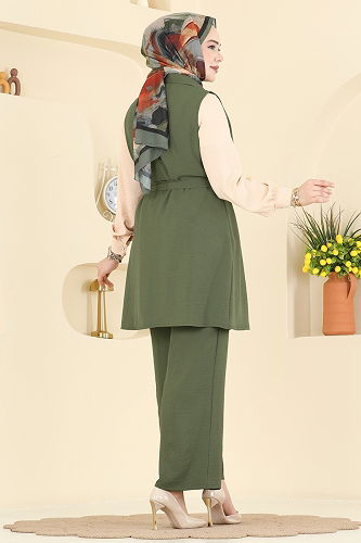 moda selvim Şık Kuşaklı 3 lü Aerobin Takım 3254HBS856 Haki - Thumbnail