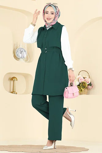 moda selvim Şık Kuşaklı 3 lü Aerobin Takım 3254HBS856 Zümrüt - Thumbnail