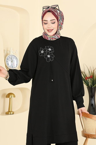 moda selvim Şık Nakışlı 2 li Takım 2606TPK1167 Siyah - Thumbnail