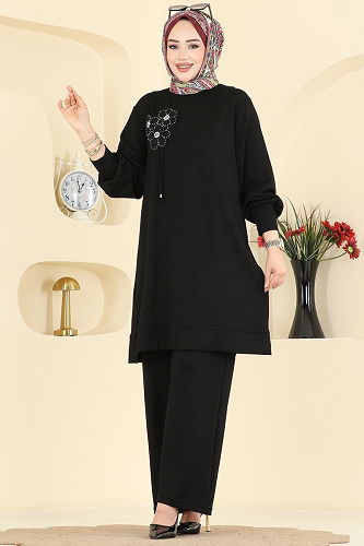 moda selvim Şık Nakışlı 2 li Takım 2606TPK1167 Siyah - Thumbnail