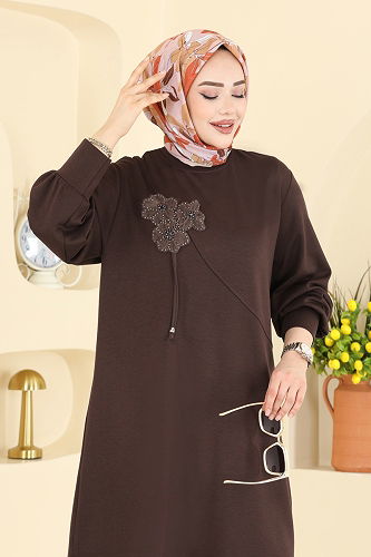 moda selvim Şık Nakışlı İkili Takım 2606TPK1167 Kahve - Thumbnail