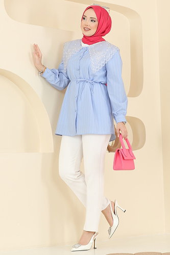 moda selvim Şık Yaka Detaylı Gömlek 5343NFC1010 Bebe Mavisi - Thumbnail