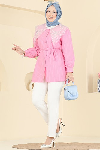 moda selvim Şık Yaka Detaylı Gömlek 5343NFC1010 Pembe - Thumbnail