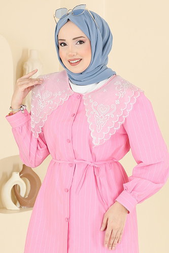 moda selvim Şık Yaka Detaylı Gömlek 5343NFC1010 Pembe - Thumbnail