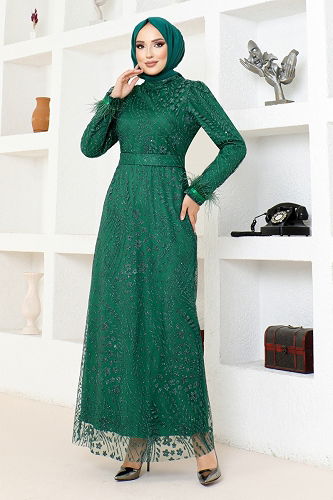 moda selvim Silvery Pencil Tulle Evening Dress YGS6569-M Emerald - Thumbnail