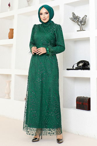 moda selvim Silvery Pencil Tulle Evening Dress YGS6569-M Emerald - Thumbnail