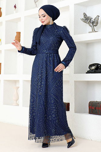 moda selvim Silvery Pencil Tulle Evening Dress YGS6569-M Laci - Thumbnail