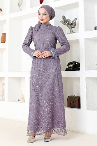 moda selvim Silvery Pencil Tulle Evening Dress YGS6569-M Lilac - Thumbnail