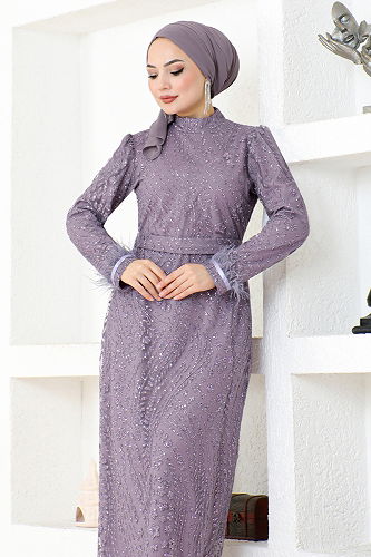 moda selvim Silvery Pencil Tulle Evening Dress YGS6569-M Lilac - Thumbnail