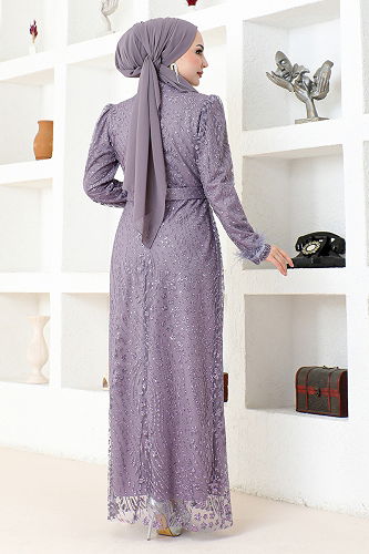 moda selvim Silvery Pencil Tulle Evening Dress YGS6569-M Lilac - Thumbnail