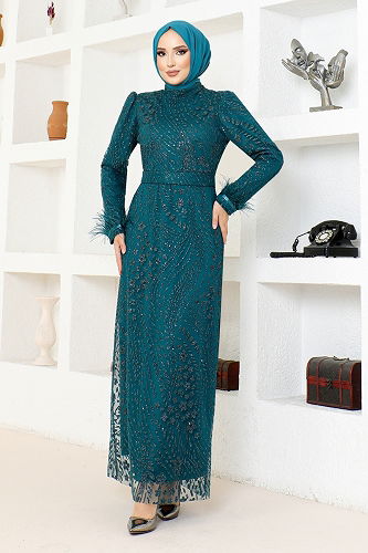 moda selvim Silvery Pencil Tulle Evening Dresses YGS6569-M Petrol - Thumbnail