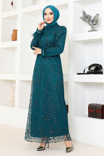 moda selvim Silvery Pencil Tulle Evening Dresses YGS6569-M Petrol - Thumbnail