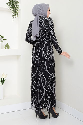 moda selvim Sim Detaylı Şık Abiye 5631END900-M Siyah - Thumbnail