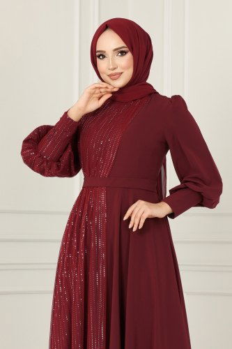 moda selvim Sim Detaylı Tül Abiye Elbise ASM2703 Bordo - Thumbnail