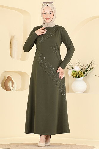 moda selvim Sim Detaylı Uzun Elbise 735PM271 Haki - Thumbnail
