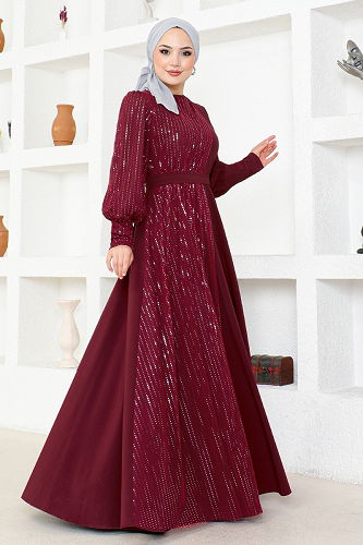 moda selvim Sim Geçişli Abiye ASM2703-M Bordo - Thumbnail