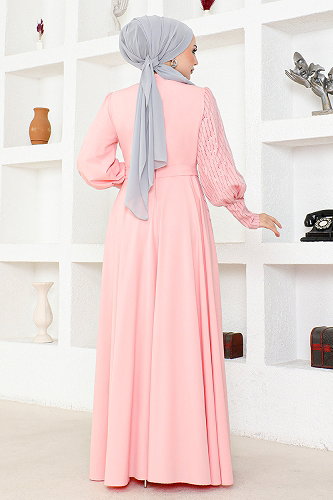 moda selvim Sim Geçişli Abiye ASM2703-M Pudra - Thumbnail