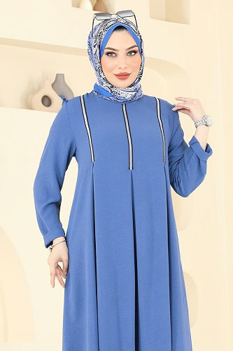 moda selvim Sim Şeritli Tesettür Takım PL9139 İndigo - Thumbnail