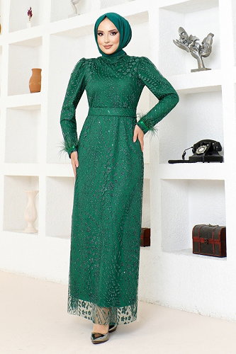 moda selvim Simli Kalem Tül Abiye YGS6569-M Zümrüt - Thumbnail