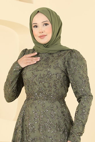 moda selvim Simli Kuşaklı Tül Abiye 5837EDFK1198 Haki - Thumbnail